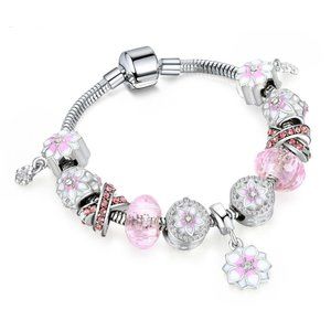 Pink and Silver Flower Charm Bracelet